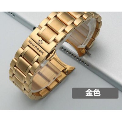 百达翡丽手表带钢带 男弧口实心不锈钢蝴蝶扣通用款间金色18/20mm 全金色 14mm